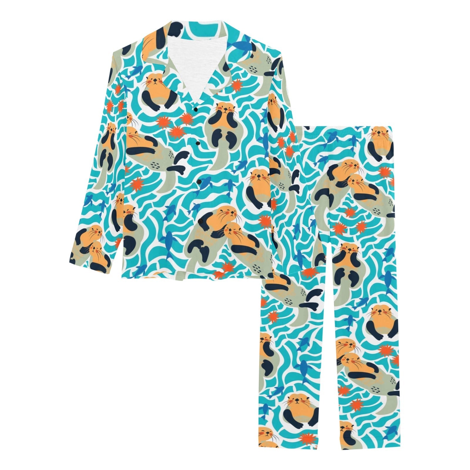 Cute sea otters fishe sea urchin pattern Women's Long Pajama Set