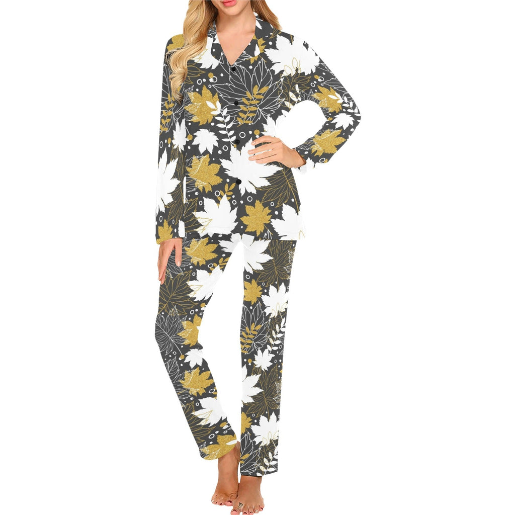 Beautiful gold autumn maple leaf pattern Women's Long Pajama Set