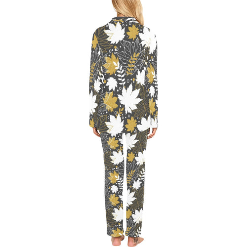 Beautiful gold autumn maple leaf pattern Women's Long Pajama Set