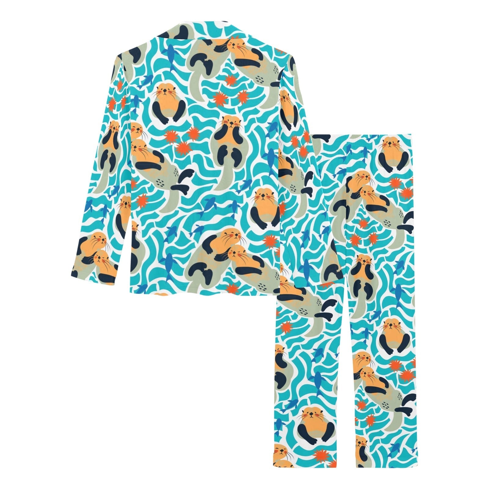 Cute sea otters fishe sea urchin pattern Women's Long Pajama Set