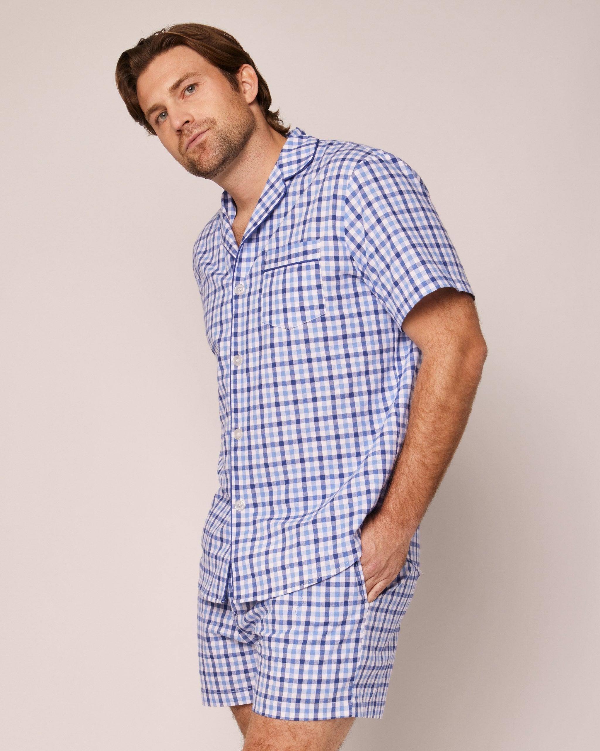 Men's Twill Pajama Short Set in Royal Blue Gingham