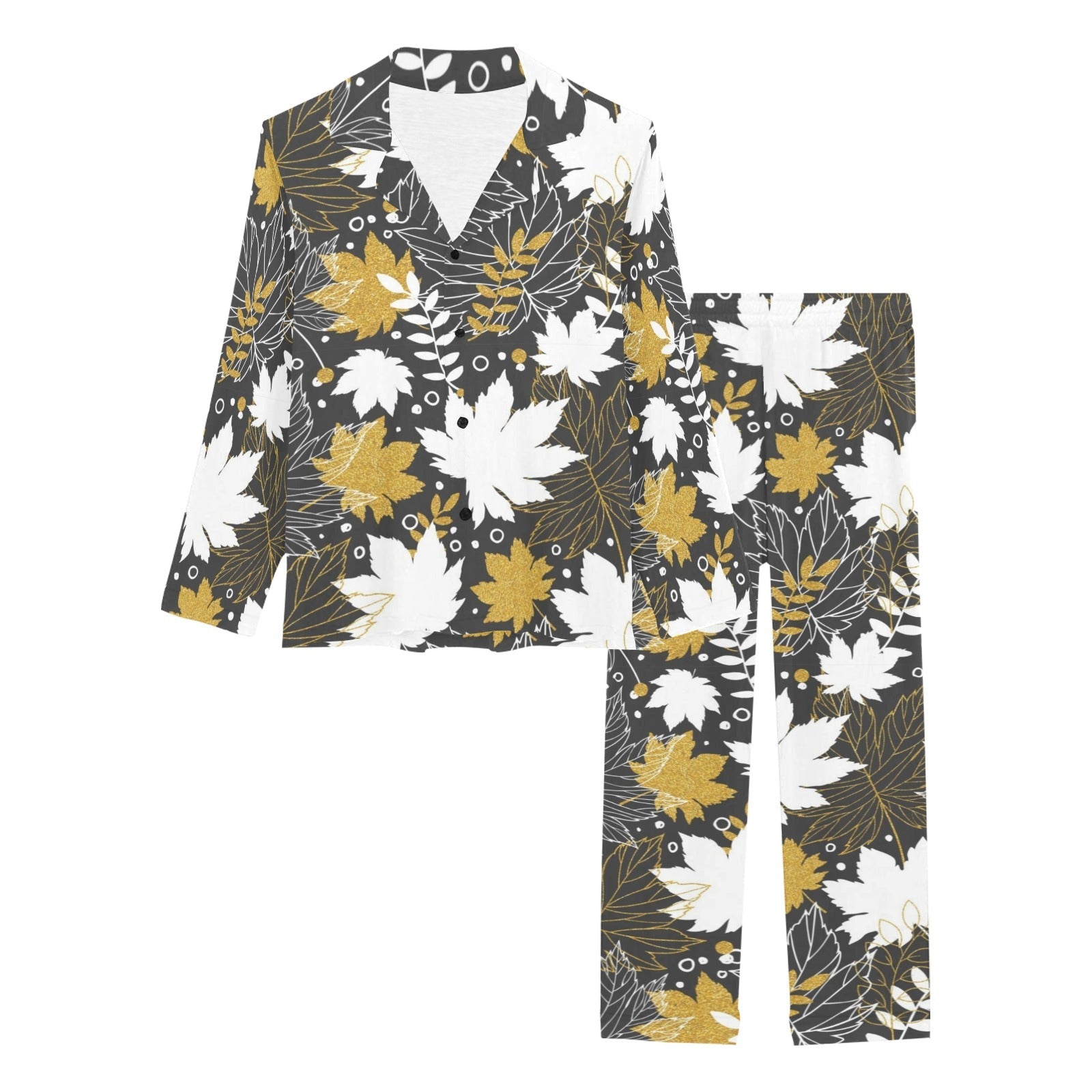 Beautiful gold autumn maple leaf pattern Women's Long Pajama Set
