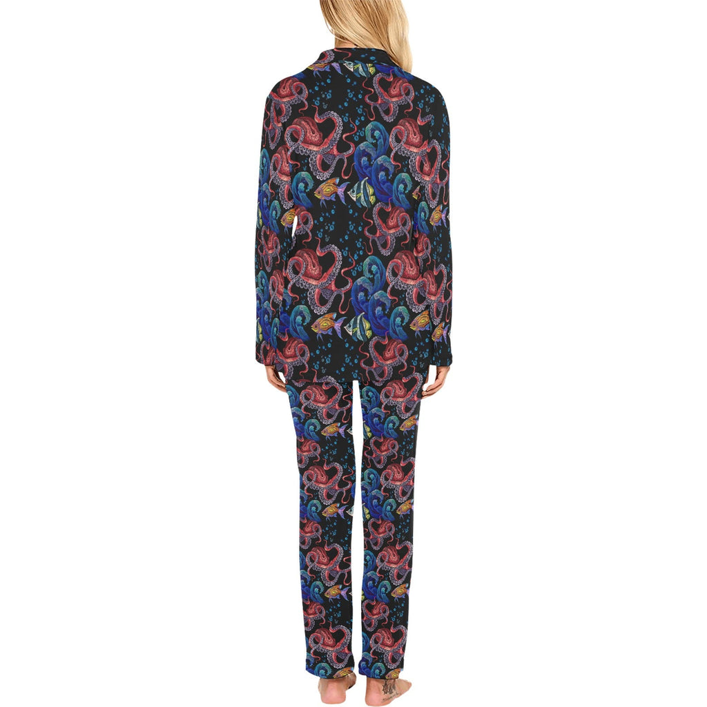 Octopus sea wave tropical fishe pattern Women's Long Pajama Set