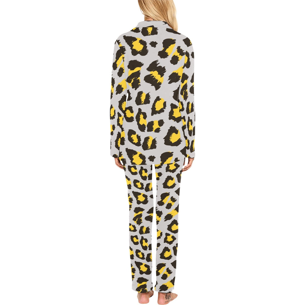 Gray Leopard print pattern Women's Long Pajama Set