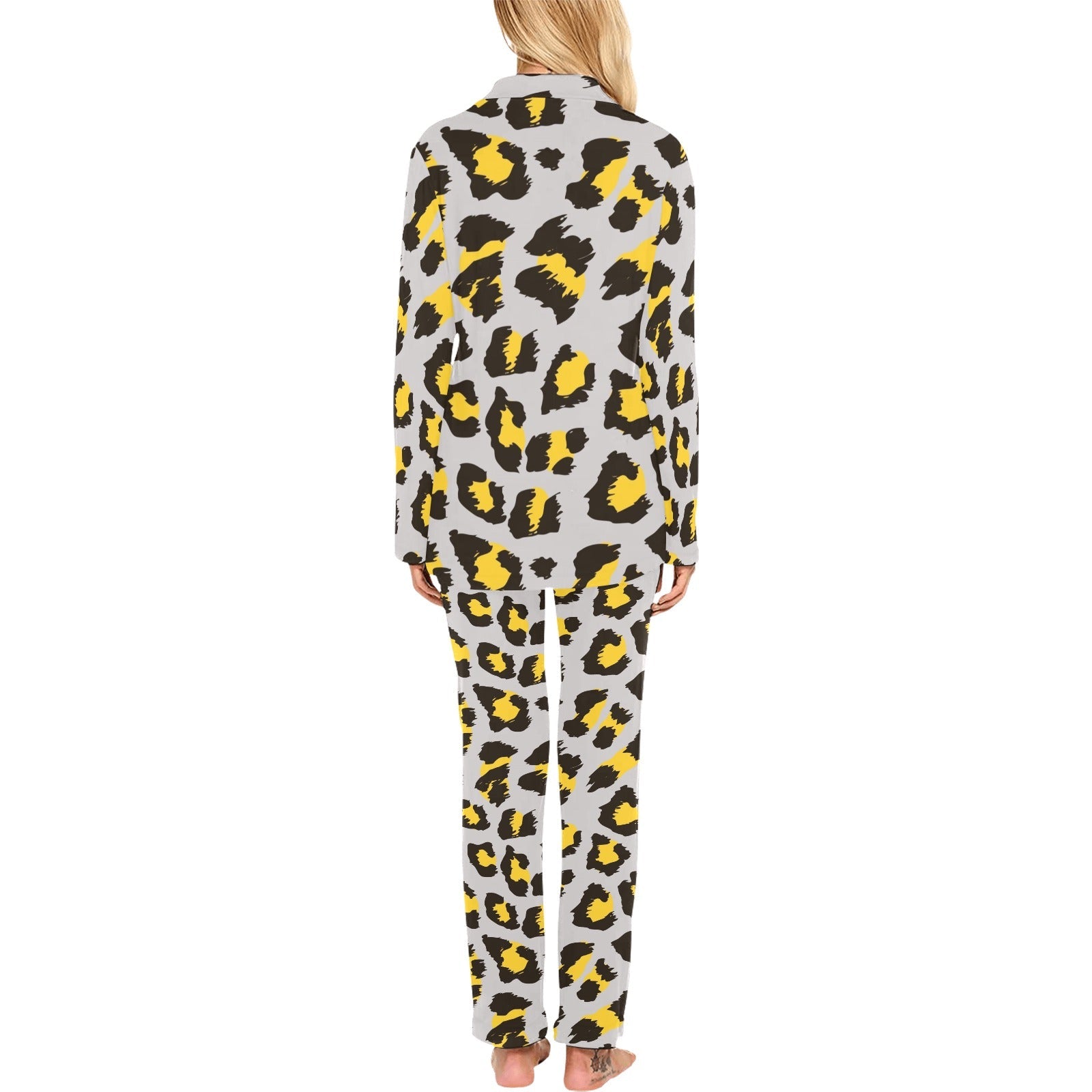 Gray Leopard print pattern Women's Long Pajama Set