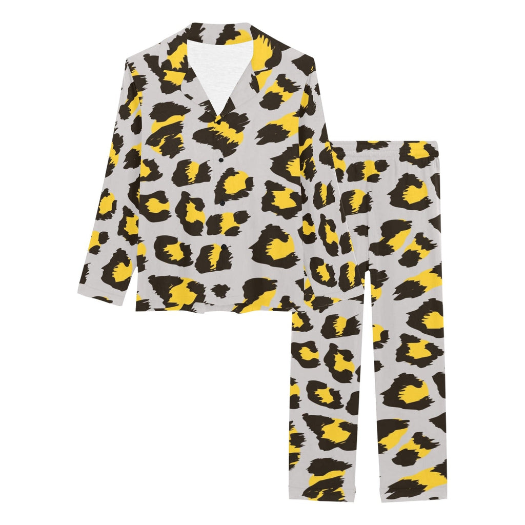 Gray Leopard print pattern Women's Long Pajama Set