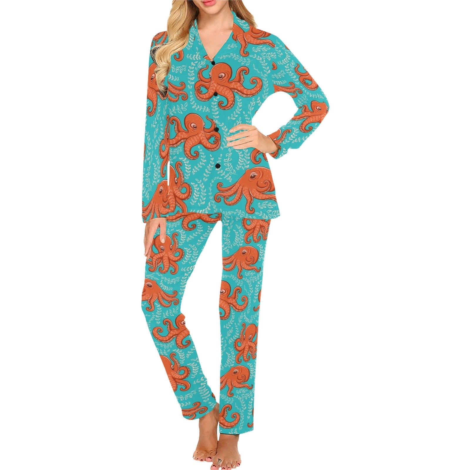 Octopus turquoise background Women's Long Pajama Set